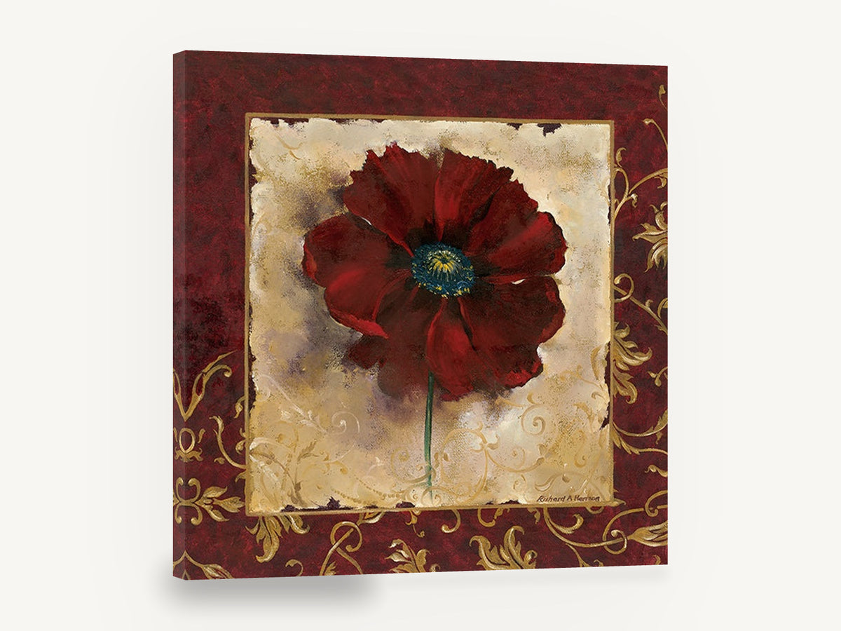 Crimson Poppy Gilded Frame, red poppy gold scroll floral painting, floral canvas wall art print ready to hang
