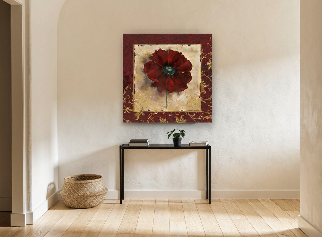 Crimson Poppy Gilded Frame floral canvas print on the wall of a hallway