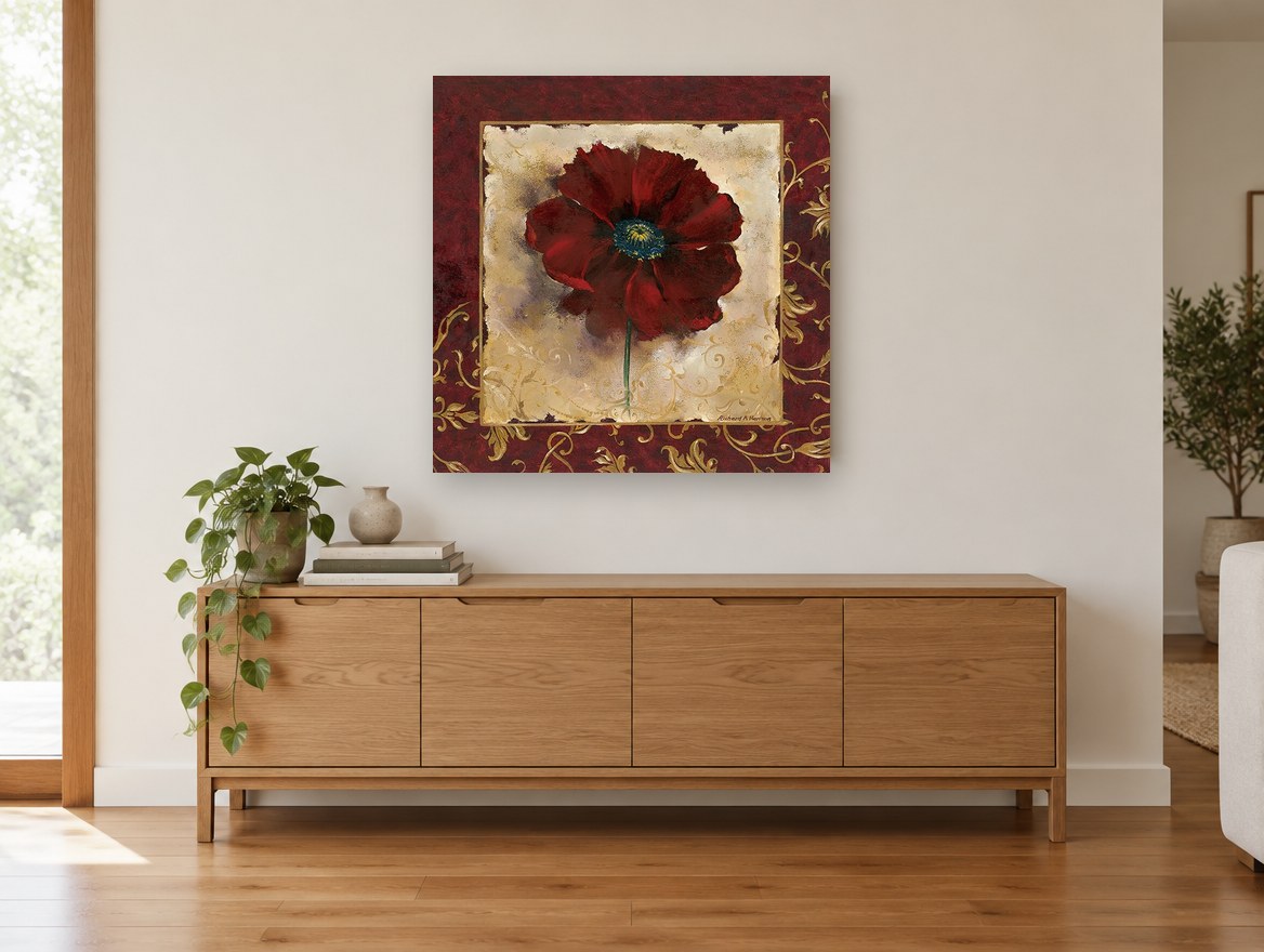 Crimson Poppy Gilded Frame floral canvas print on the wall of a living room above a sideboard