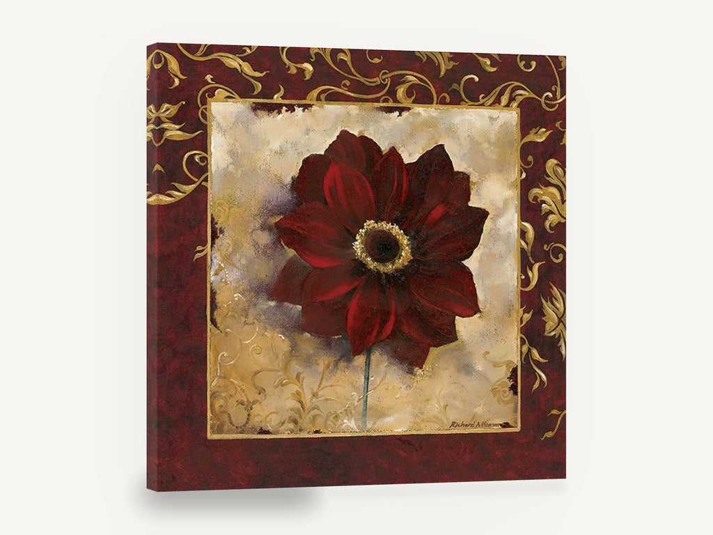 Crimson Bloom Gilded Frame, red anemone gold scroll floral, floral canvas wall art print ready to hang