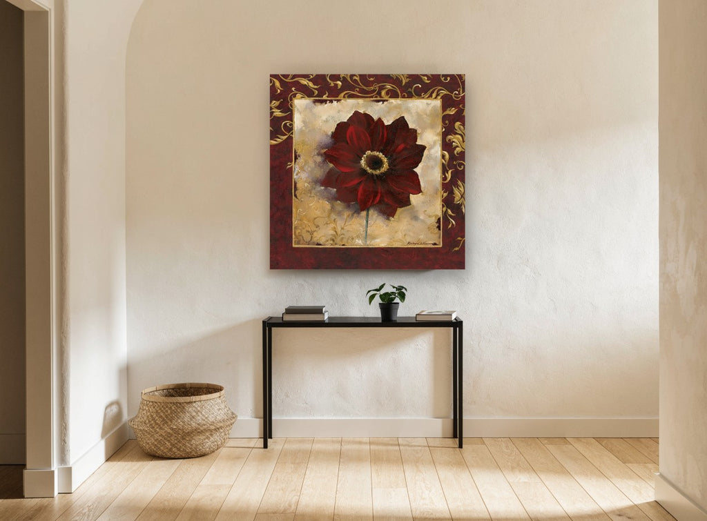 Crimson Bloom Gilded Frame floral canvas print on the wall of a hallway