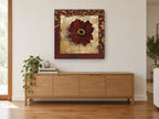 Crimson Bloom Gilded Frame floral canvas print on the wall of a living room above a sideboard