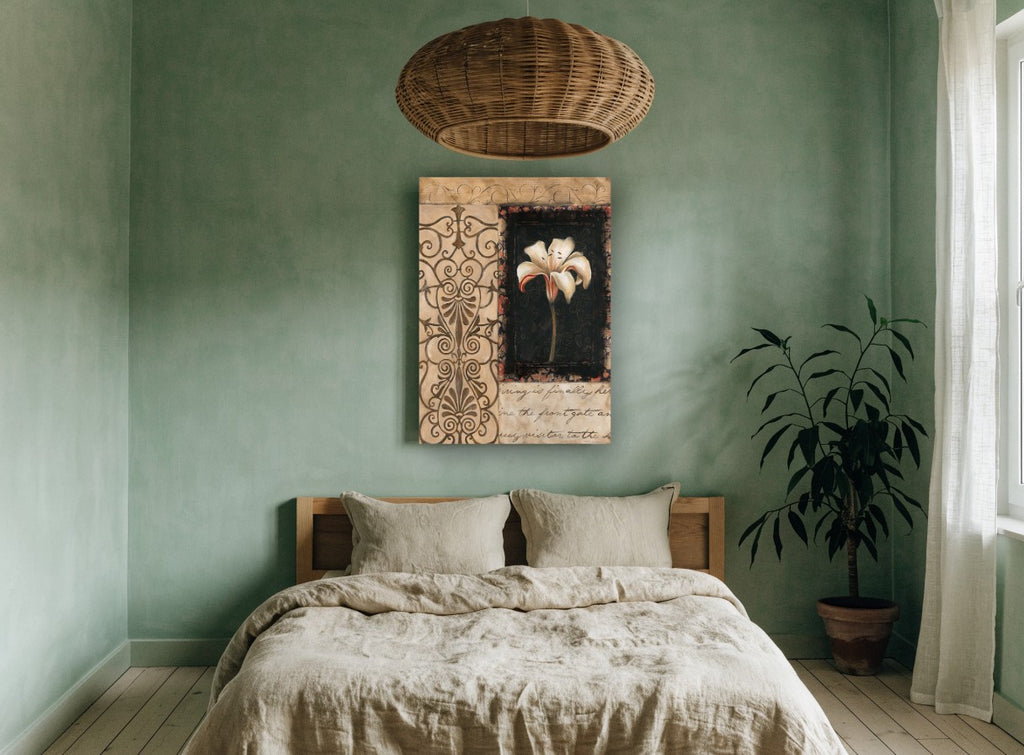 Lily on Black Scrollwork floral canvas print on the wall of a bedroom