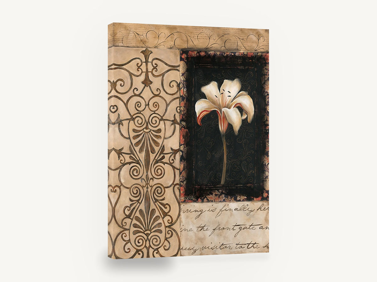 Lily on Black Scrollwork, white lily scrollwork collage, floral canvas wall art print ready to hang