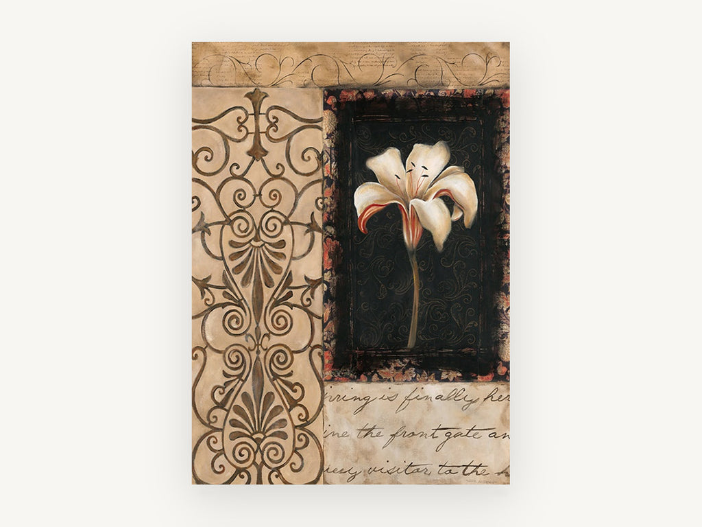 Lily on Black Scrollwork, floral canvas wall art print, front view