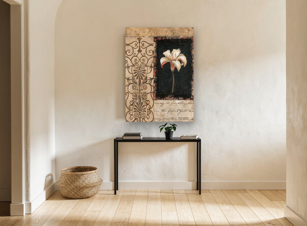 Lily on Black Scrollwork floral canvas print on the wall of a hallway