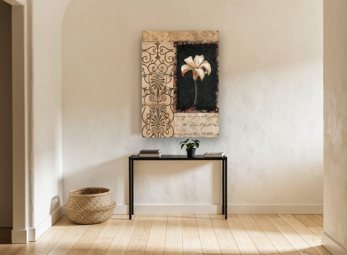 Lily on Black Scrollwork floral canvas print on the wall of a hallway