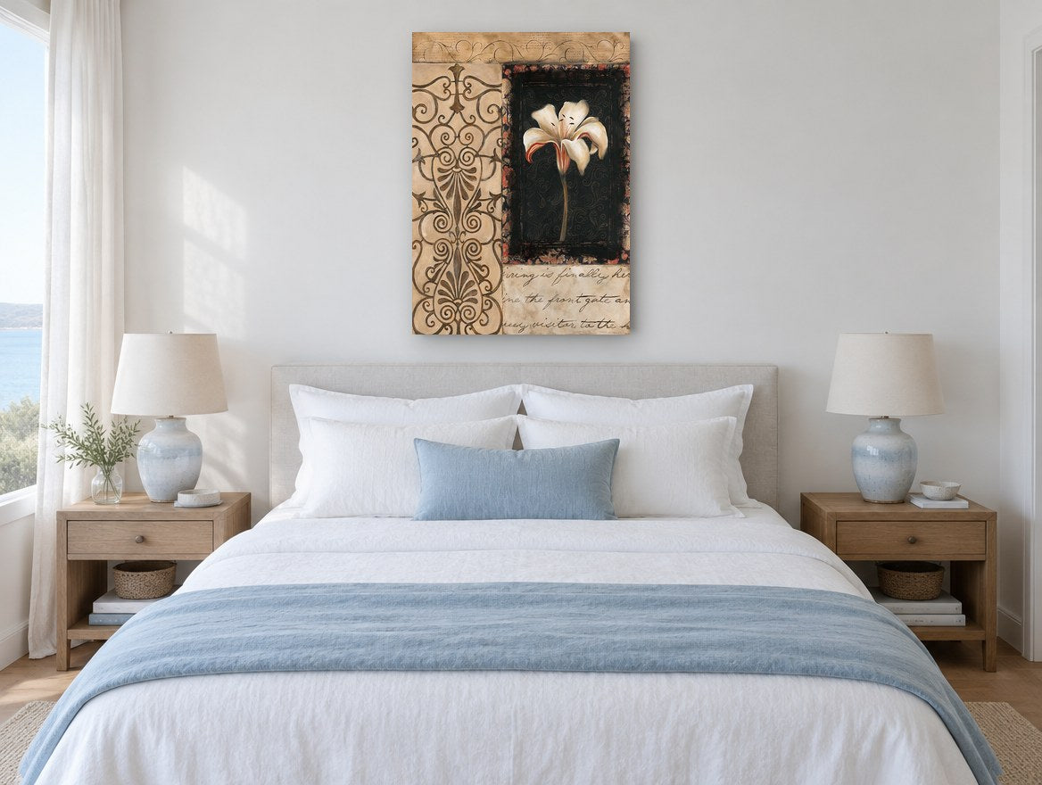 Lily on Black Scrollwork floral canvas print on the wall of a coastal bedroom