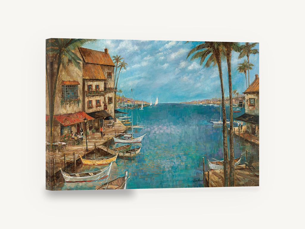 Harbour Cafe Afternoon, mediterranean harbour palm trees seascape, coastal canvas wall art print ready to hang