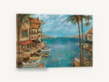 Harbour Cafe Afternoon, mediterranean harbour palm trees seascape, coastal canvas wall art print ready to hang