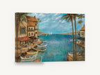 Harbour Cafe Afternoon, mediterranean harbour palm trees seascape, coastal canvas wall art print ready to hang