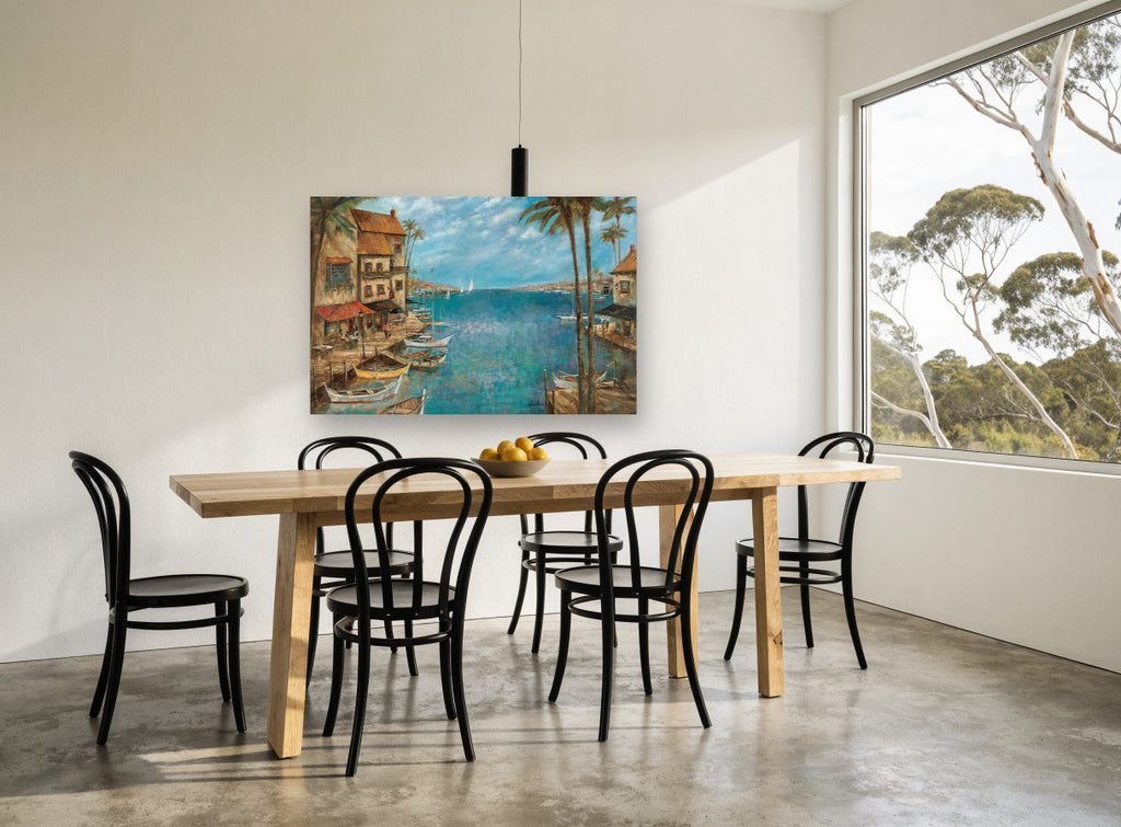 Harbour Cafe Afternoon coastal canvas print on the wall of a dining room