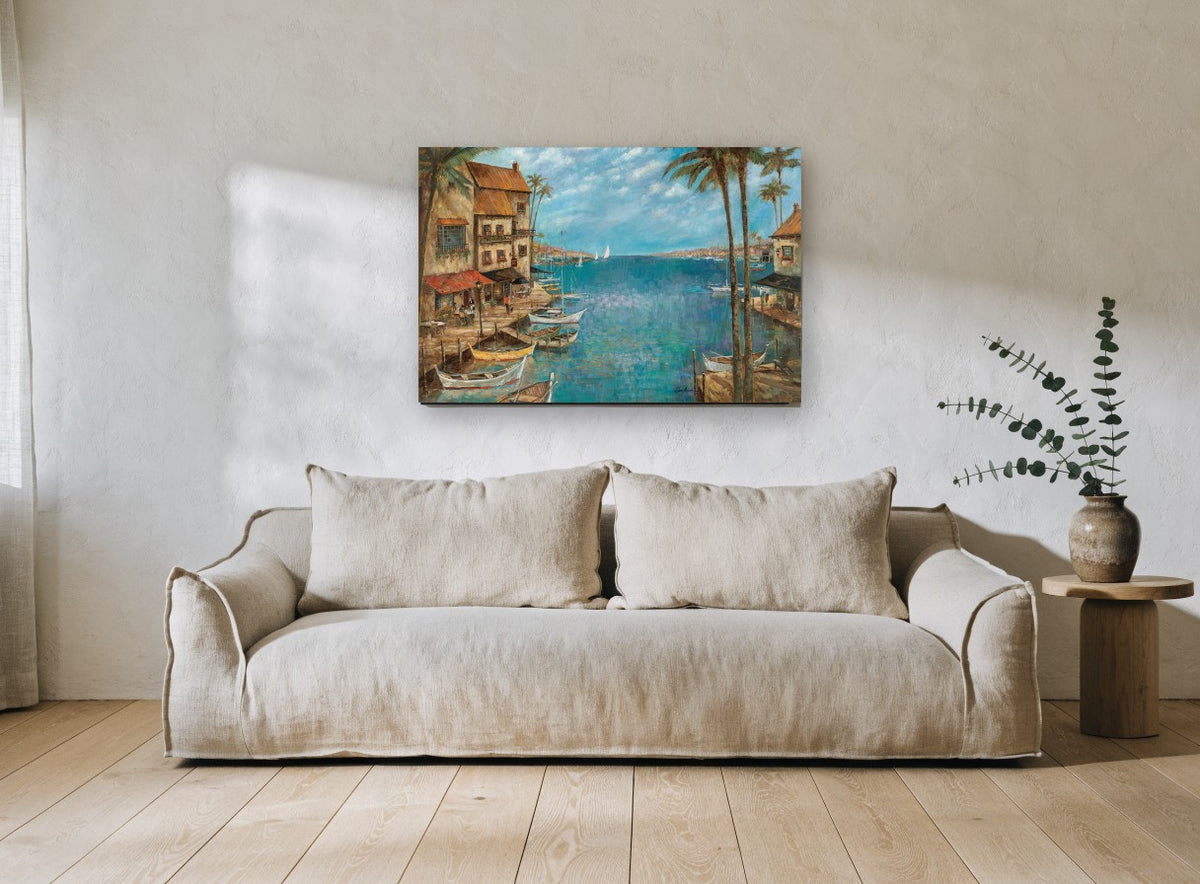 Harbour Cafe Afternoon coastal canvas print on the wall of a living room