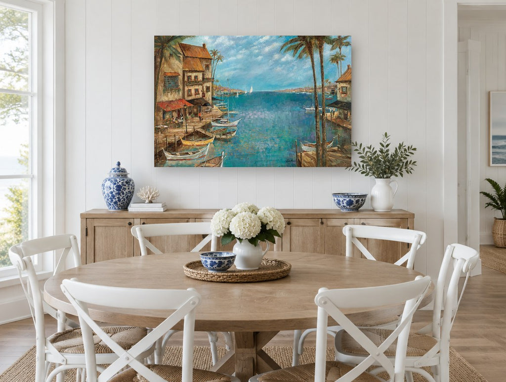 Harbour Cafe Afternoon coastal canvas print on the wall of a Hamptons dining room