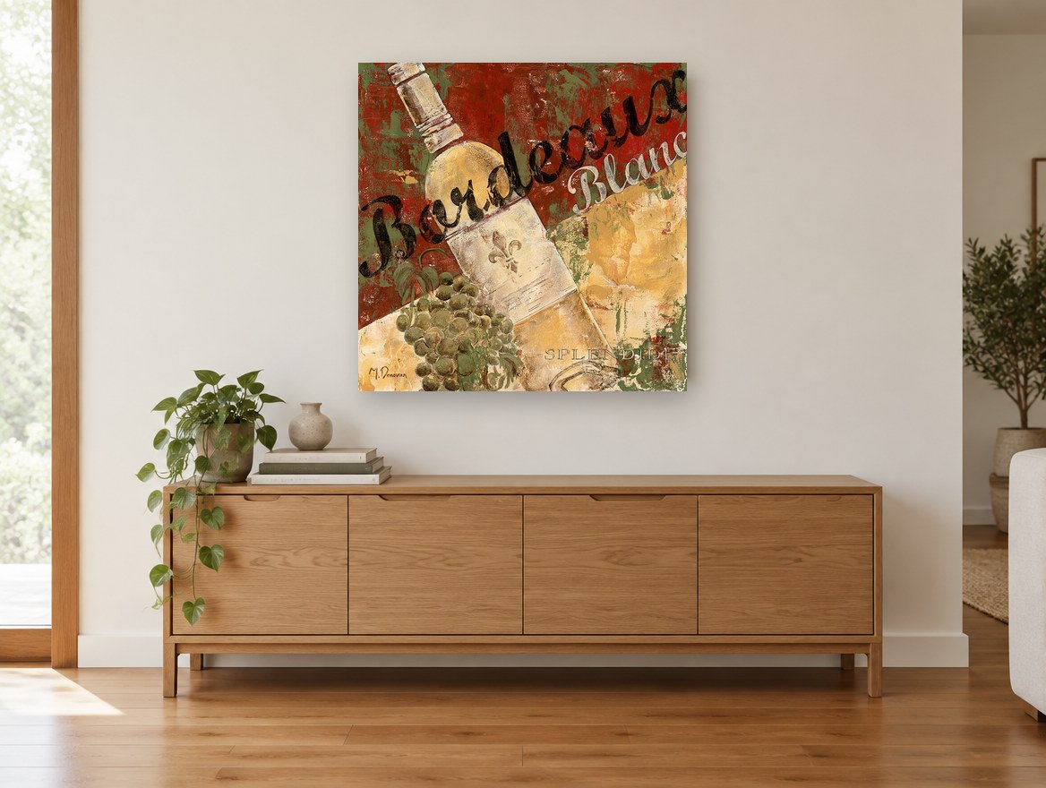 Bordeaux Blanc Cellar kitchen canvas print on the wall of a living room above a sideboard