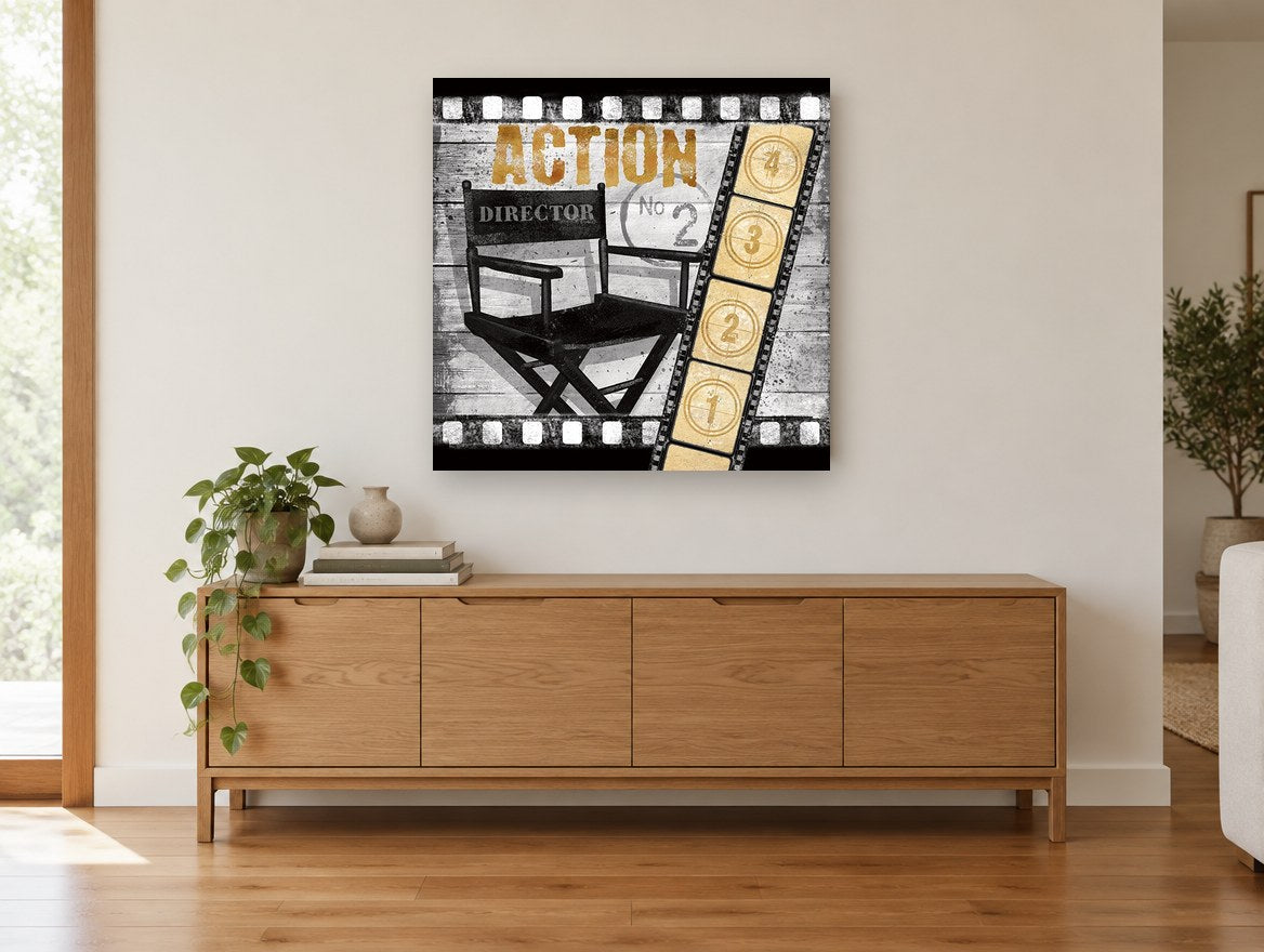 Action Director's Chair vintage canvas print on the wall of a living room above a sideboard