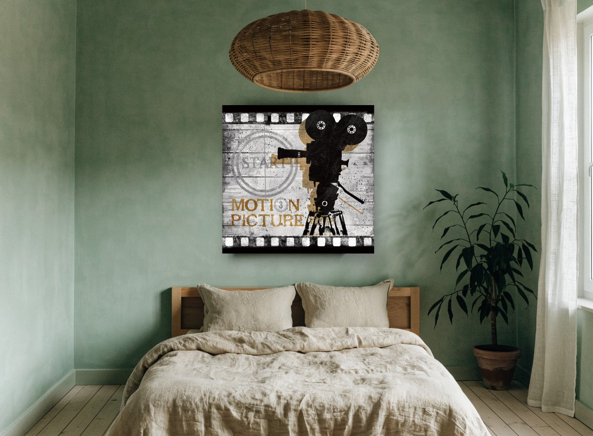 Motion Picture Camera vintage canvas print on the wall of a bedroom