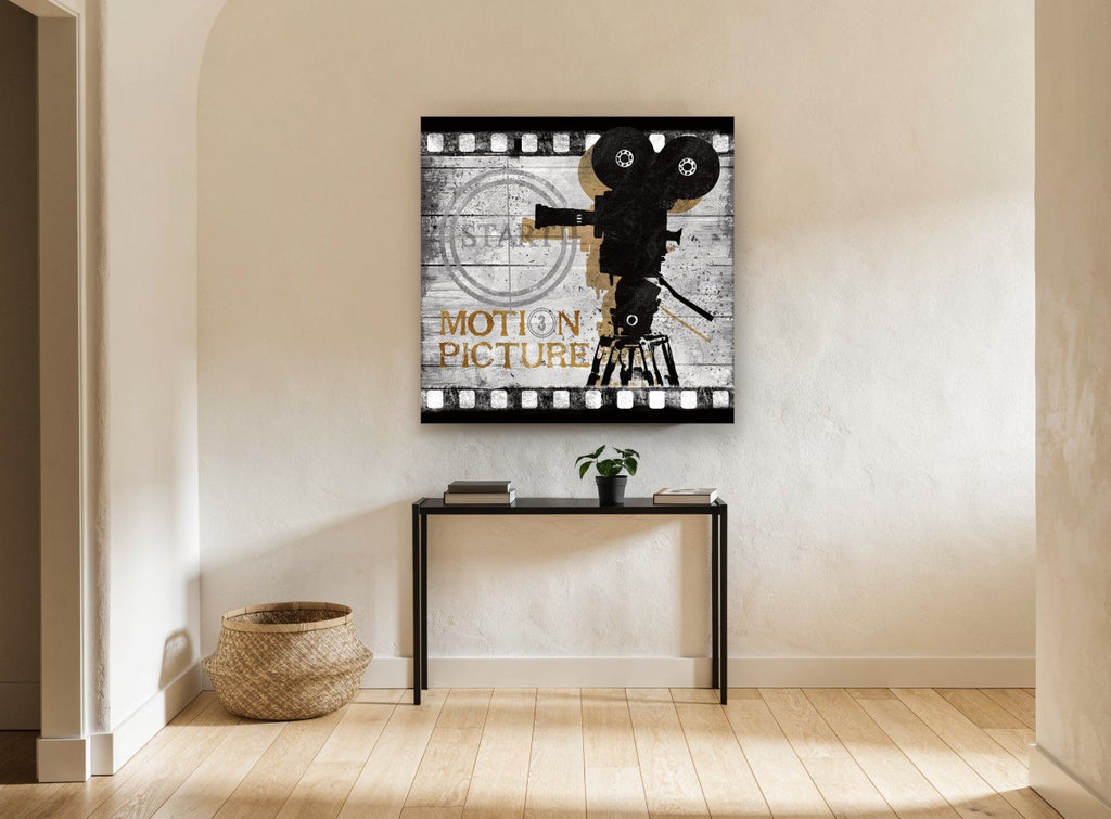 Motion Picture Camera vintage canvas print on the wall of a hallway