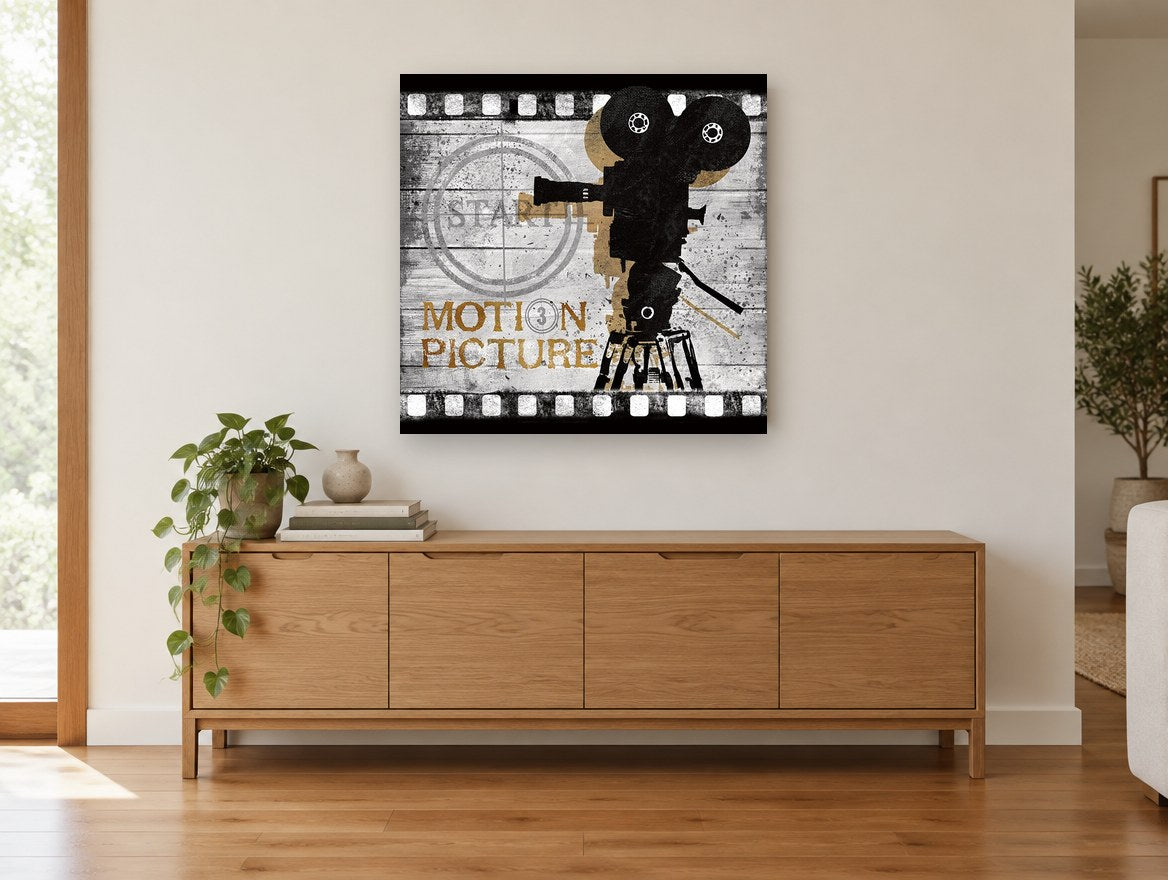 Motion Picture Camera vintage canvas print on the wall of a living room above a sideboard