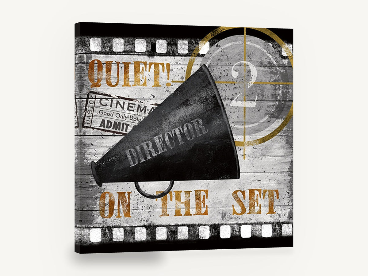 Quiet On The Set, vintage cinema director megaphone, stretched canvas wall art print ready to hang