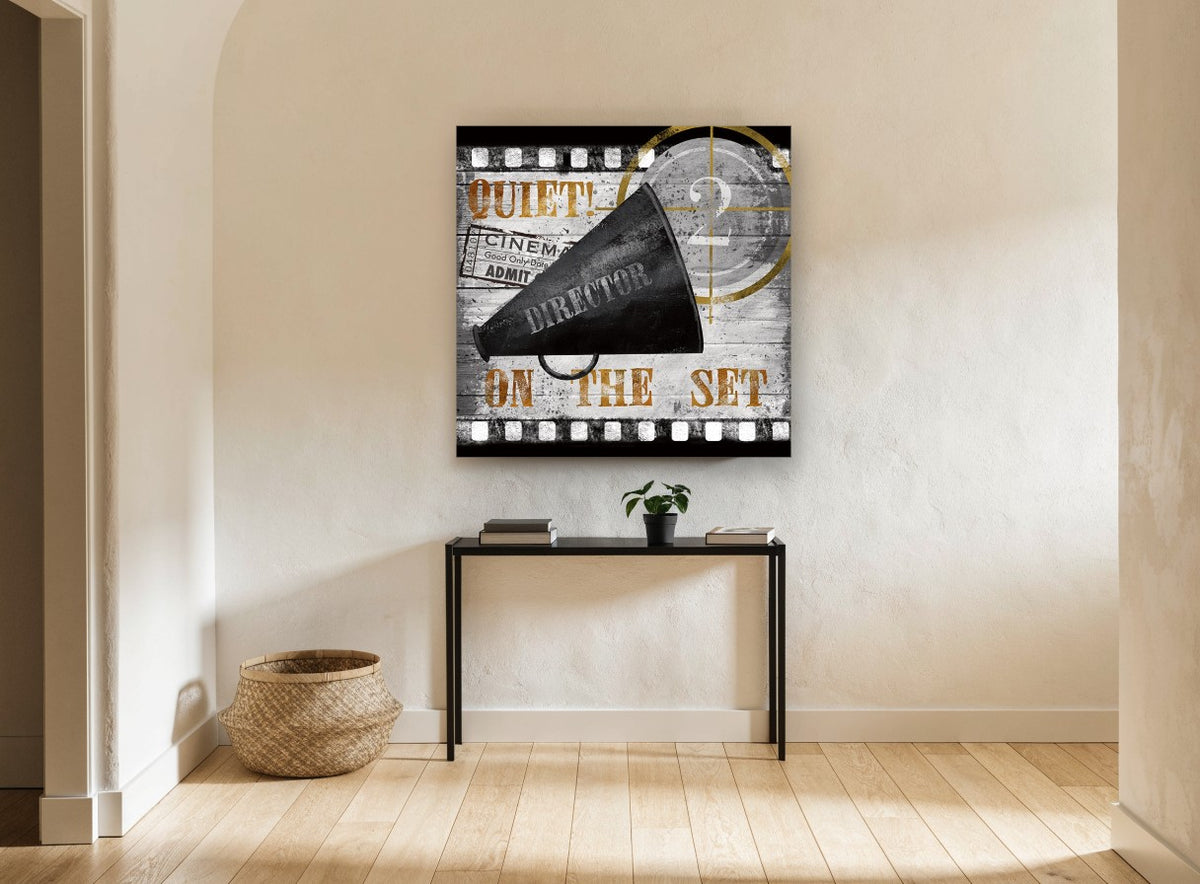 Quiet On The Set vintage canvas print on the wall of a hallway