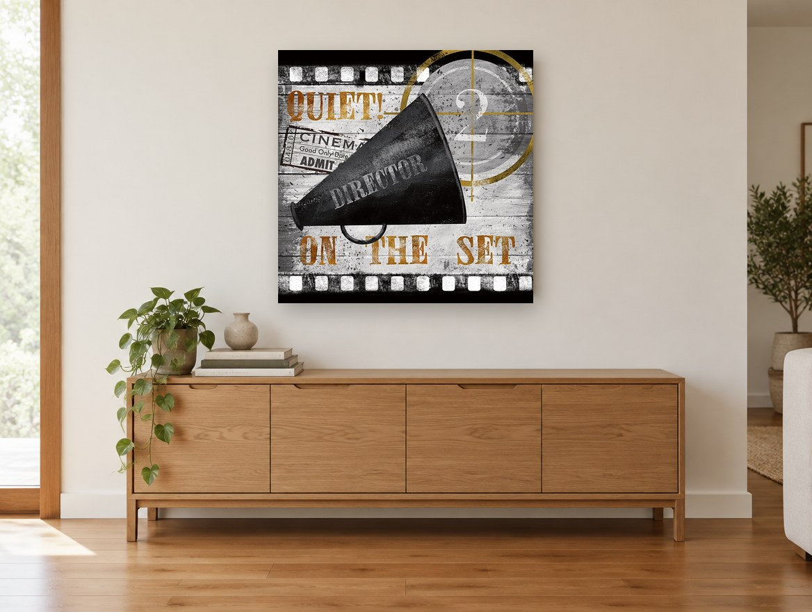 Quiet On The Set vintage canvas print on the wall of a living room above a sideboard
