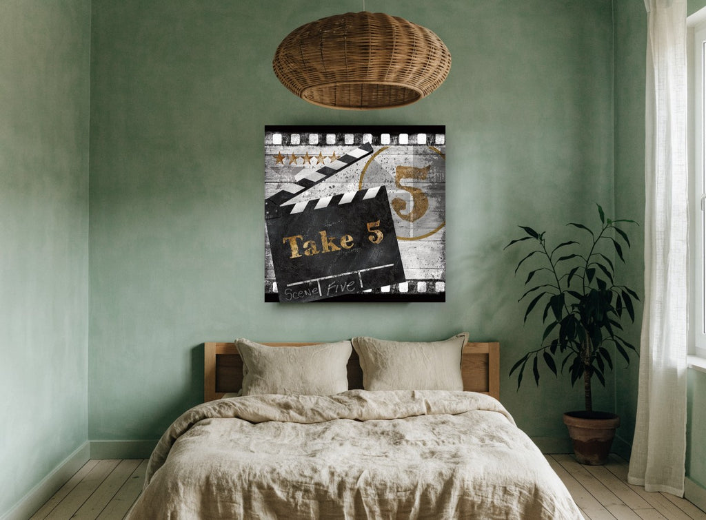 Take 5 Clapperboard vintage canvas print on the wall of a bedroom