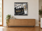 Take 5 Clapperboard vintage canvas print on the wall of a living room above a sideboard