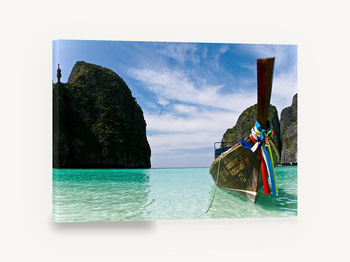 Longtail Boat Lagoon, phi phi island longtail boat photograph, coastal canvas wall art print ready to hang