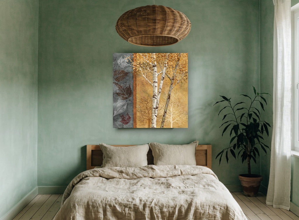 Birch Leaves Panel landscape canvas print on the wall of a bedroom