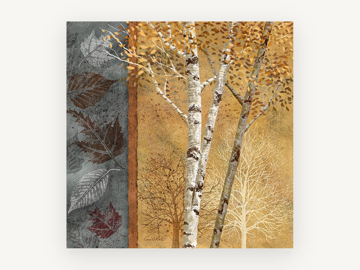 Birch Leaves Panel, autumn birch trees leaf panel illustration, landscape canvas wall art print, front view