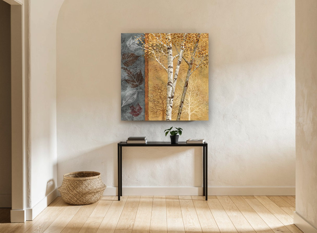 Birch Leaves Panel landscape canvas print on the wall of a hallway