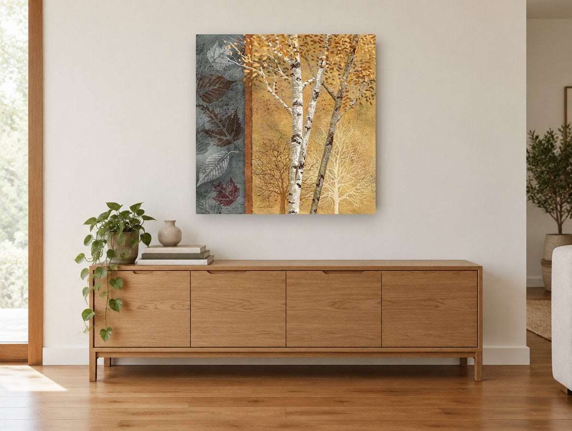 Birch Leaves Panel landscape canvas print on the wall of a living room above a sideboard