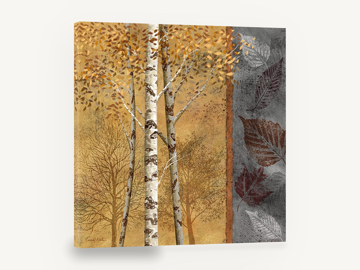Birch Leaves Amber, autumn birch trees leaf panel illustration, landscape canvas wall art print ready to hang