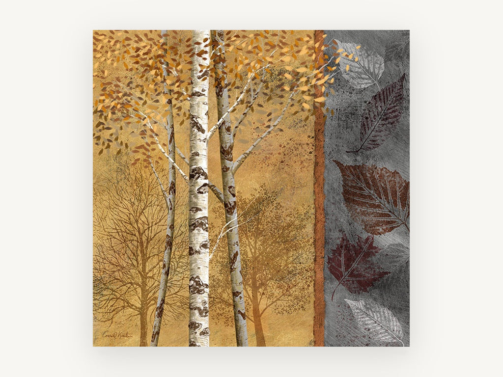 Birch Leaves Amber, autumn birch trees leaf panel illustration, landscape canvas wall art print, front view