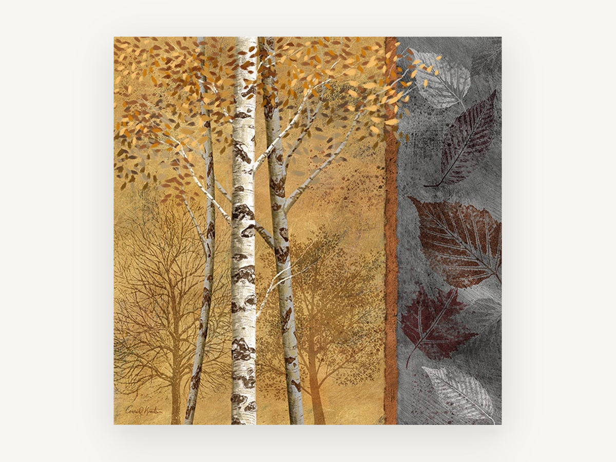 Birch Leaves Amber, autumn birch trees leaf panel illustration, landscape canvas wall art print, front view