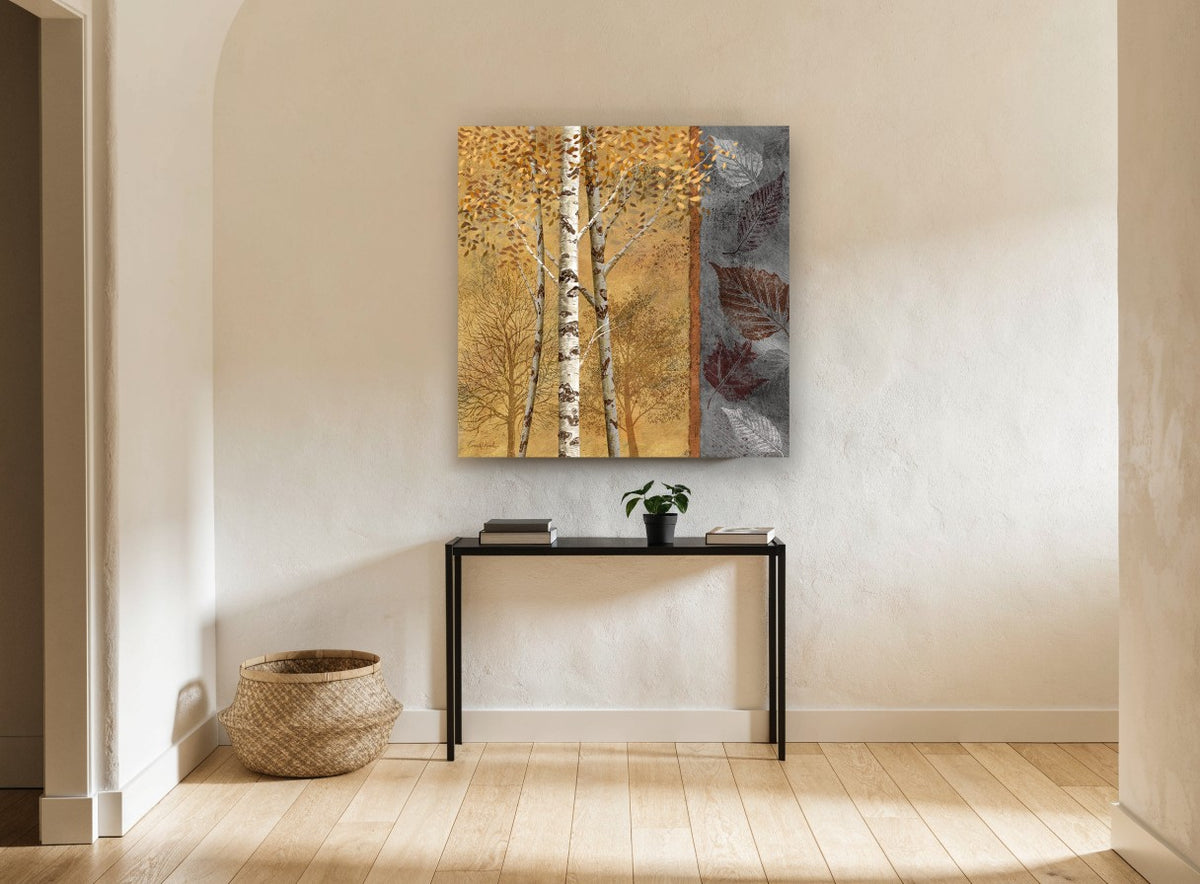 Birch Leaves Amber landscape canvas print on the wall of a hallway