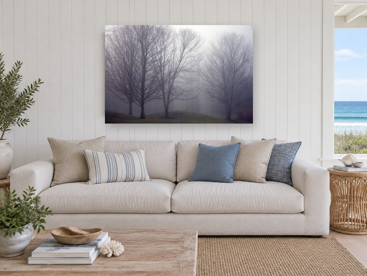 Bare Trees in Fog landscape canvas print on the wall of a beach house living room