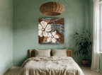 Cream Blooms on Chocolate floral canvas print on the wall of a bedroom
