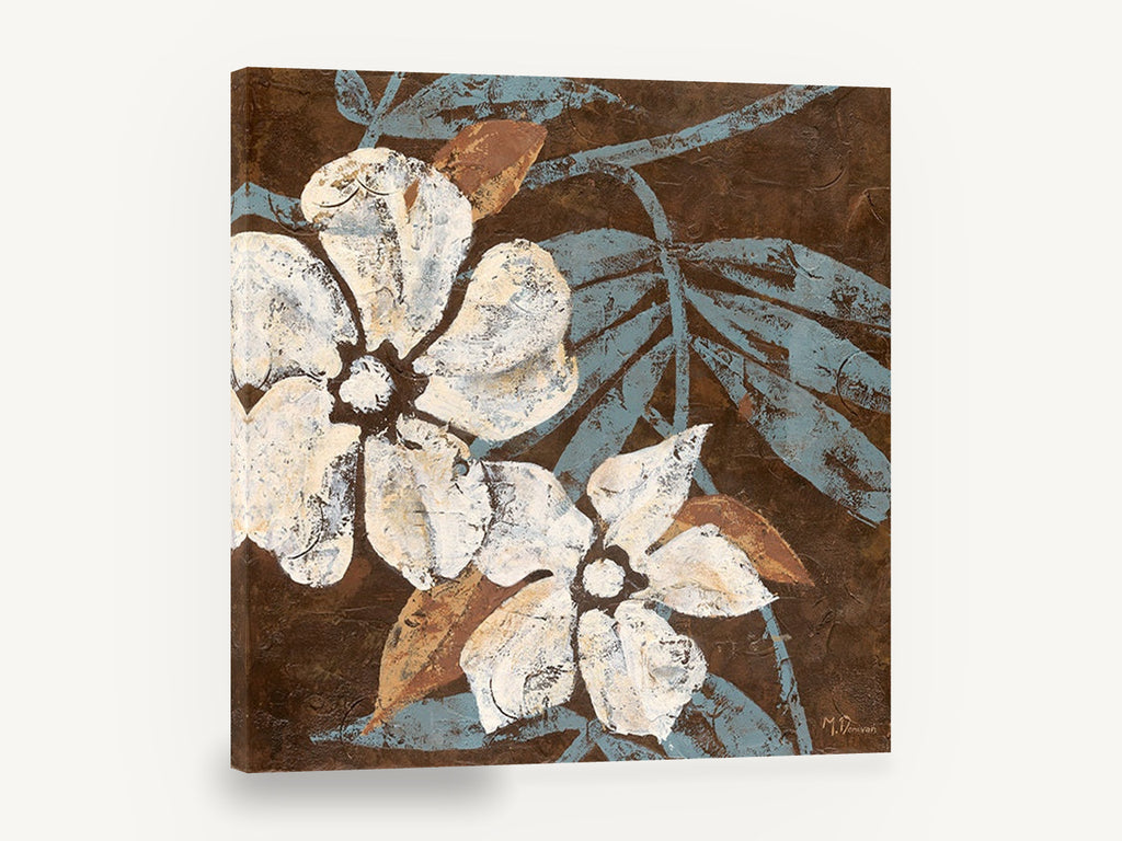 Cream Blooms on Chocolate, cream flowers chocolate brown textured botanical, floral canvas wall art print ready to hang