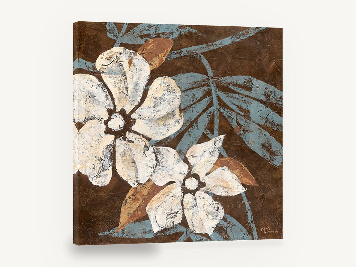 Cream Blooms on Chocolate, cream flowers chocolate brown textured botanical, floral canvas wall art print ready to hang