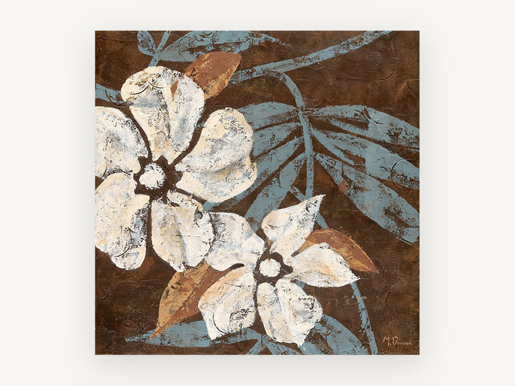 Cream Blooms on Chocolate, floral canvas wall art print, front view