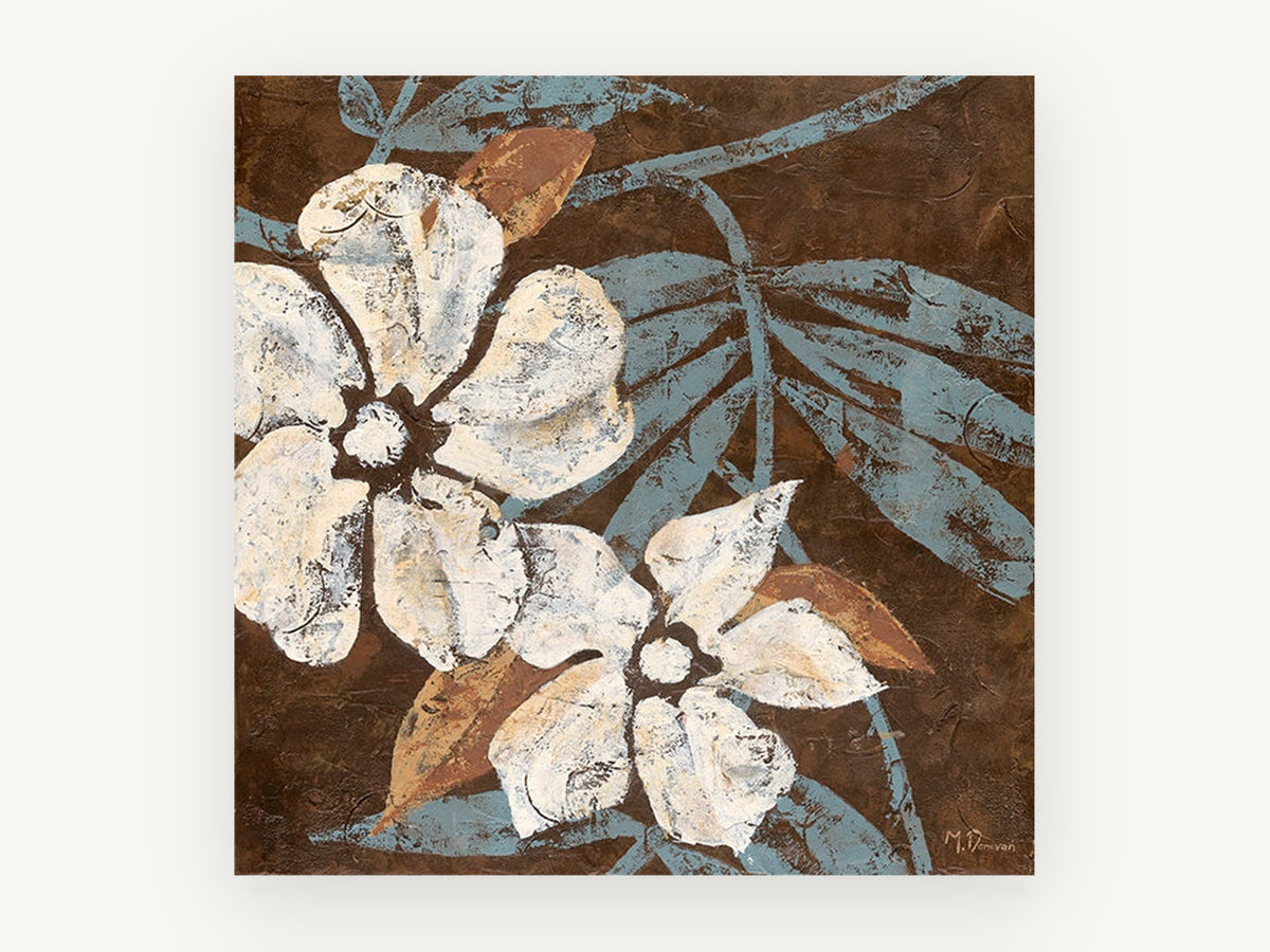 Cream Blooms on Chocolate, floral canvas wall art print, front view