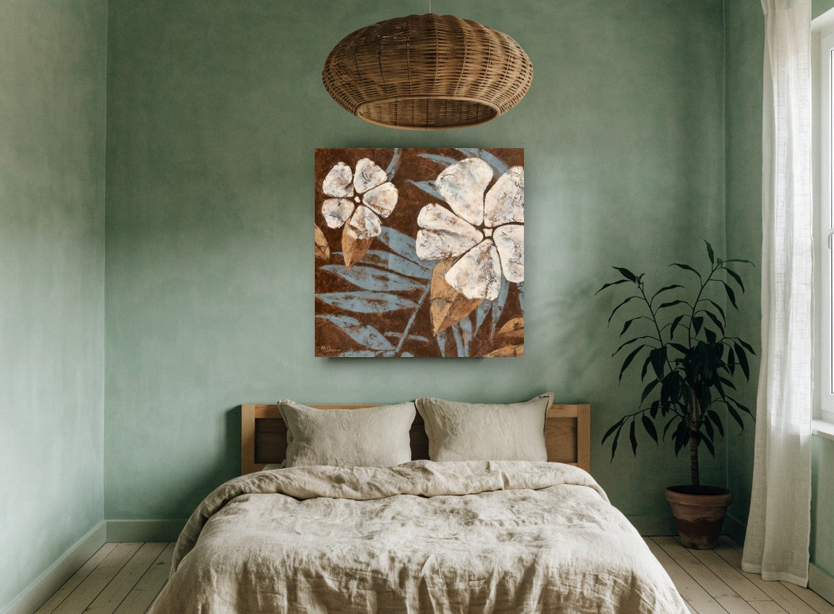 Cream Blooms on Chocolate floral canvas print on the wall of a bedroom