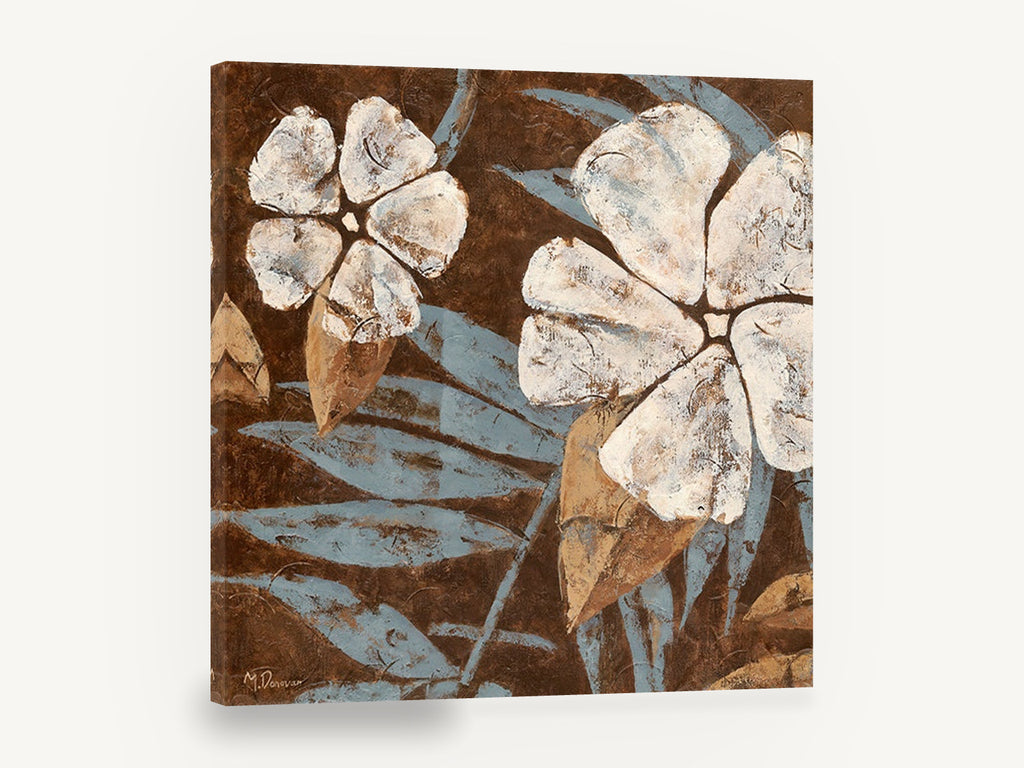 Cream Blooms on Chocolate, cream flowers brown blue leaves botanical, floral canvas wall art print ready to hang