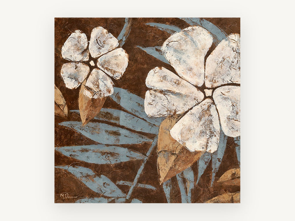 Cream Blooms on Chocolate, floral canvas wall art print, front view