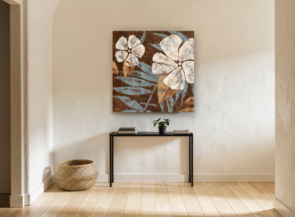Cream Blooms on Chocolate floral canvas print on the wall of a hallway