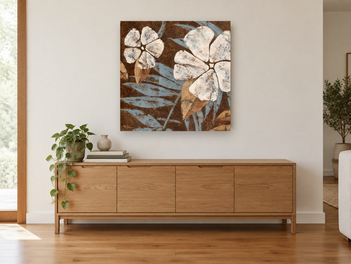 Cream Blooms on Chocolate floral canvas print on the wall of a living room above a sideboard