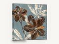 Chocolate Blooms on Slate, brown flowers on blue textured botanical, floral canvas wall art print ready to hang