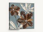 Chocolate Blooms on Slate, brown flowers on blue textured botanical, floral canvas wall art print ready to hang